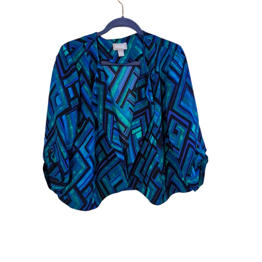 chicos womens size 1 jacket Blazer Top Blue Green Pattern